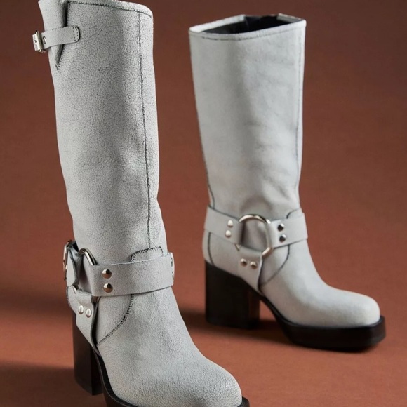 Anthropologie Jeffrey Campbell Tall Boots Harness Crackle Gray Leather - Picture 3 of 9